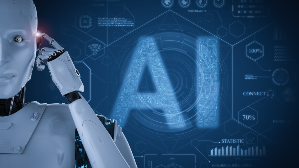 Image d'un robot et dans circuits d'électricité qui dessine "AI".