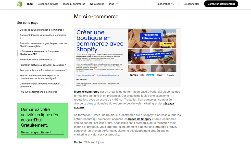 Capture décran 2026-10-14 203446 – merci e-commerce Bannière publicitaire d’un programme de formation: créer une boutique e-commerce avec Shopify, avec collage d’images et le titre bleu.