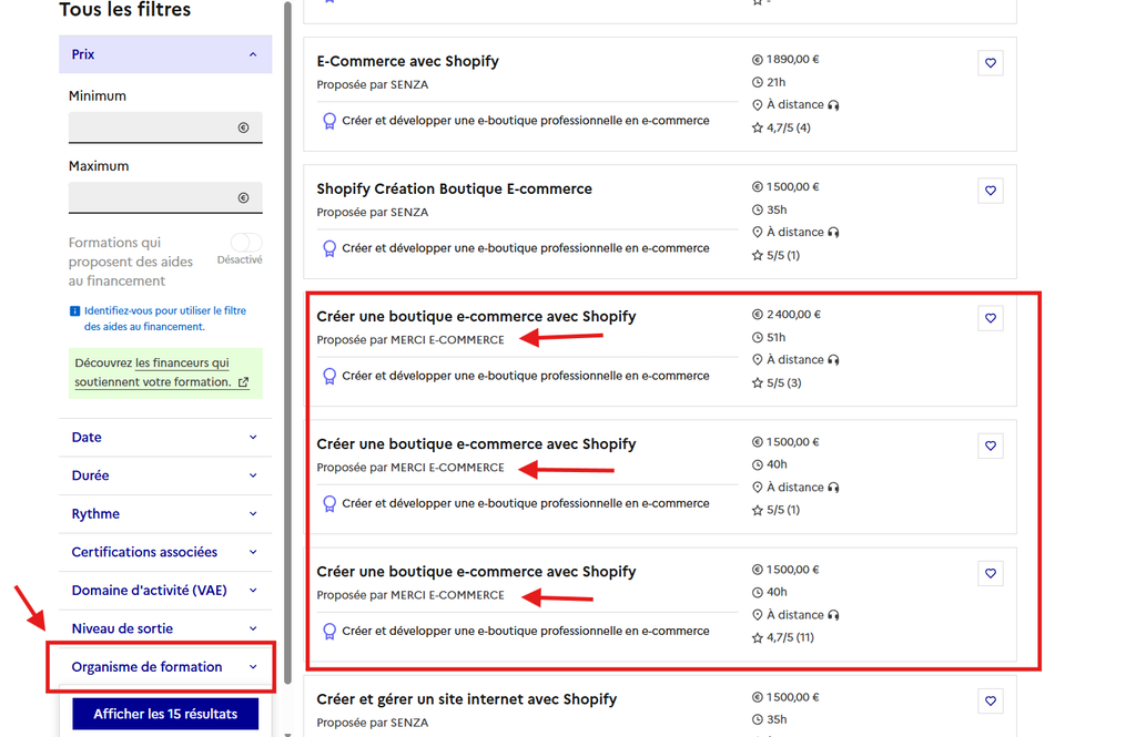 Capture décran 2026-10-14 204512 – merci e-commerce Sidebar de filtres à gauche et liste de cartes de cours à droite; une carte est entourée en rouge pour indiquer le résultat principal.