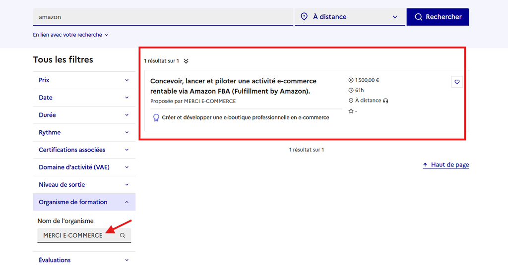 Capture décran 2026-10-14 204720 – merci e-commerce French training results page: left filters (Prix, Date, Durée, etc.) and a single course card on the right for an e-commerce program via Amazon FBA, with price, duration, and distance details.
