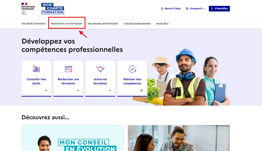 Capture décran 2026-10-14 204903 – merci e-commerce Hero banner for the French government formation site: title asks to develop professional skills, four feature cards shown, and workers in safety gear on the right.
