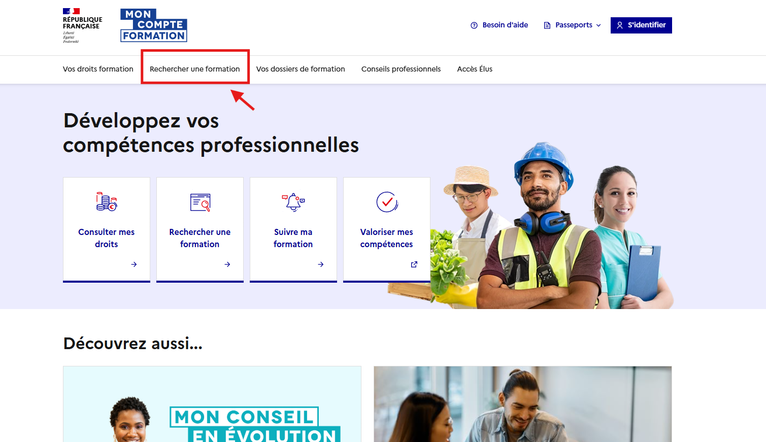 Capture décran 2026-10-14 204903 – merci e-commerce – merci e-commerce Hero banner for the French government formation site: title asks to develop professional skills, four feature cards shown, and workers in safety gear on the right.