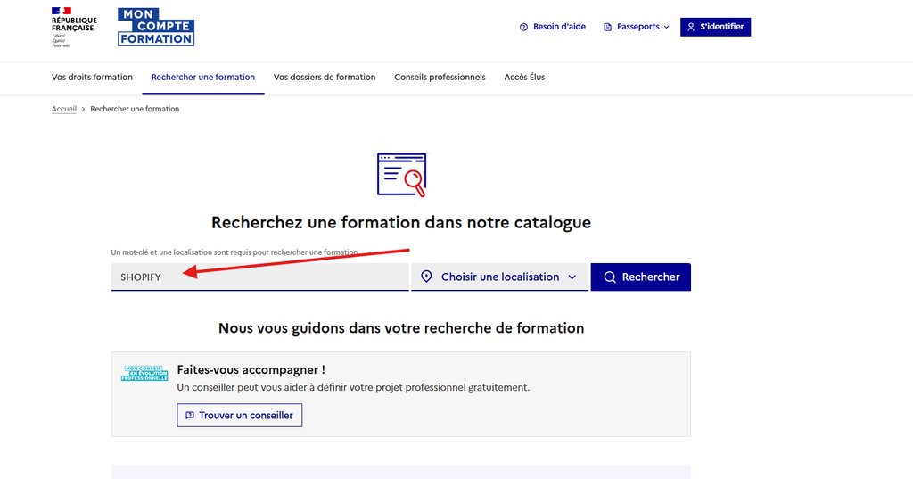 Capture décran 2026-10-14 205121 – merci e-commerce Screenshot of the training search page with a keyword field displaying 'SHOPIFY', a location selector, and a blue 'Rechercher' button.