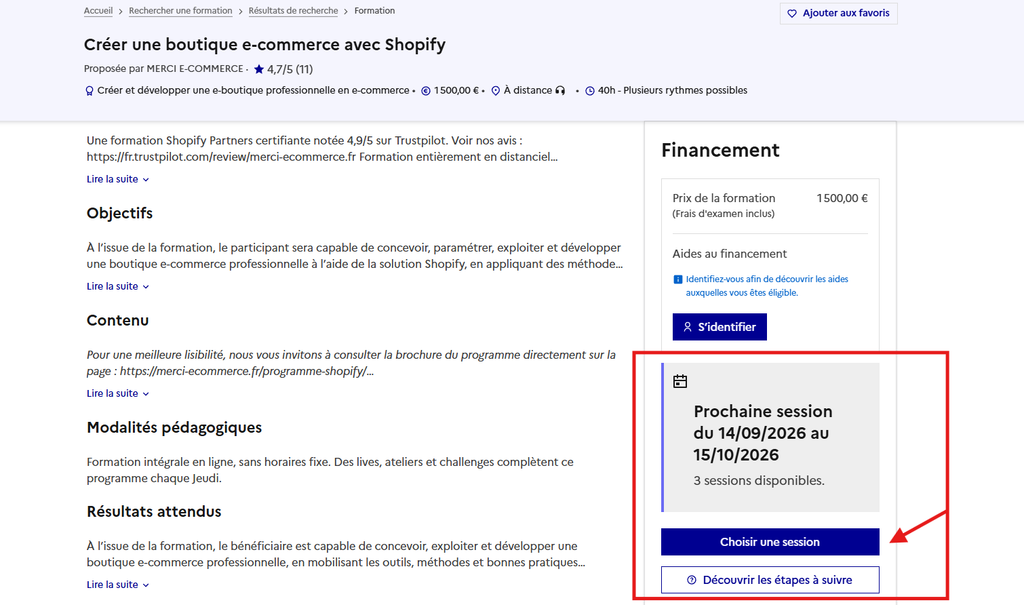 Capture décran 2026-10-14 205549 – merci e-commerce Page de formation Shopify avec un panneau Financement à droite indiquant 1500 € et la prochaine session du 14/09/2026 au 15/10/2026, bouton 'Choisir une session' et lien 'Découvrir les étapes à suivre'