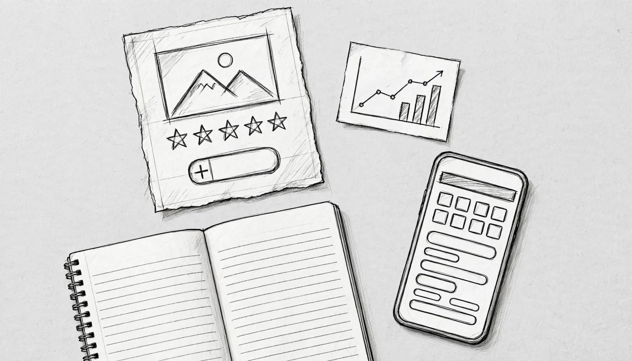 Une maquette de fiche produit côtoie un carnet, un graphique et un smartphone.