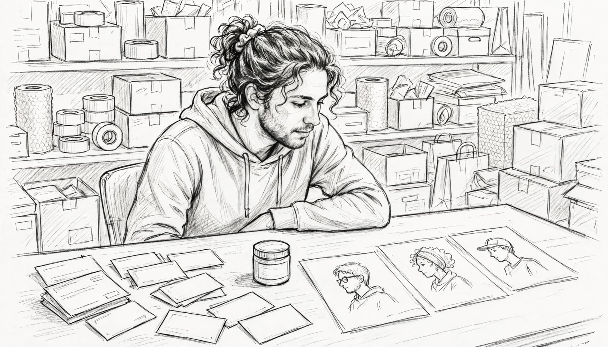 Une commerçante étudie des cartes, un produit et des esquisses de profils.