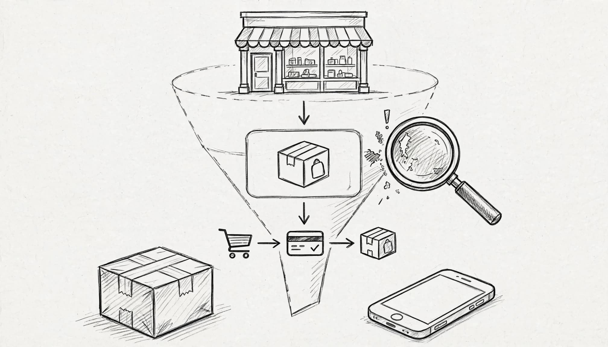 Un croquis montre une boutique, une fiche produit et un paiement reliés par une loupe.