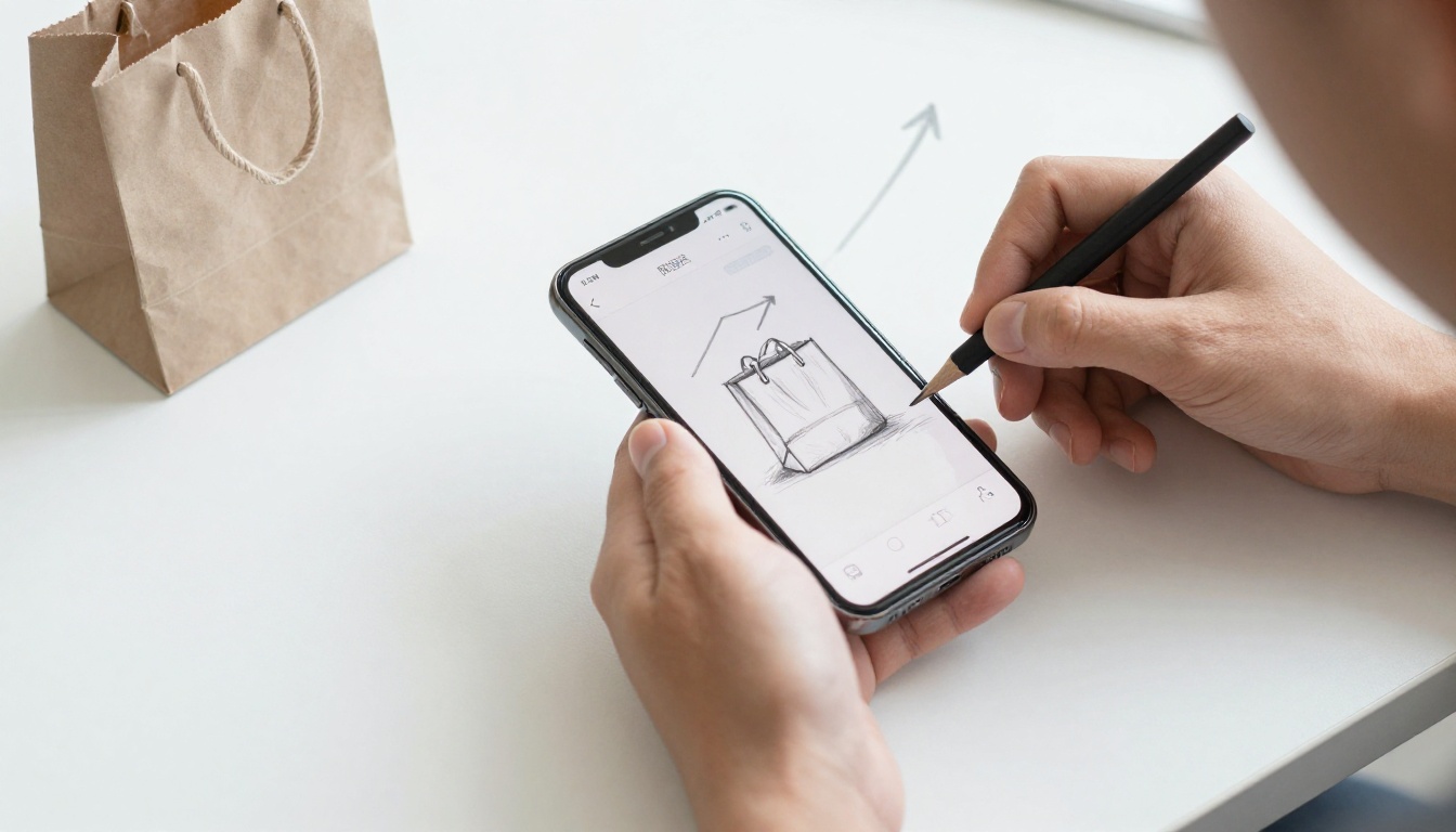 Tournage d’un Déballage Produit – merci e-commerce – merci e-commerce Un entrepreneur filme un déballage au smartphone, avec un sac et un colis sur son bureau.