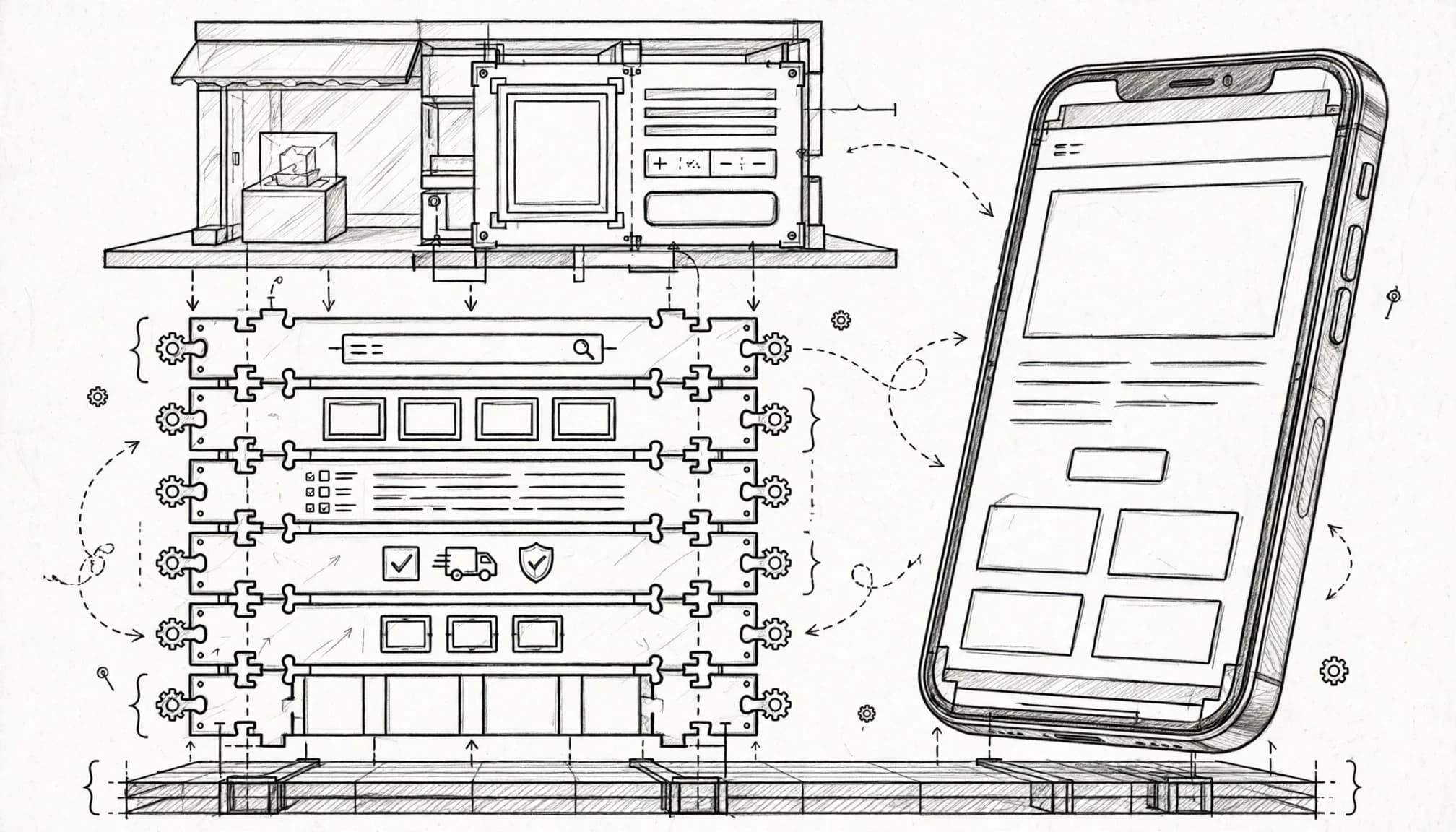 Croquis technique en graphite montrant une boutique en ligne modulaire et un smartphone.