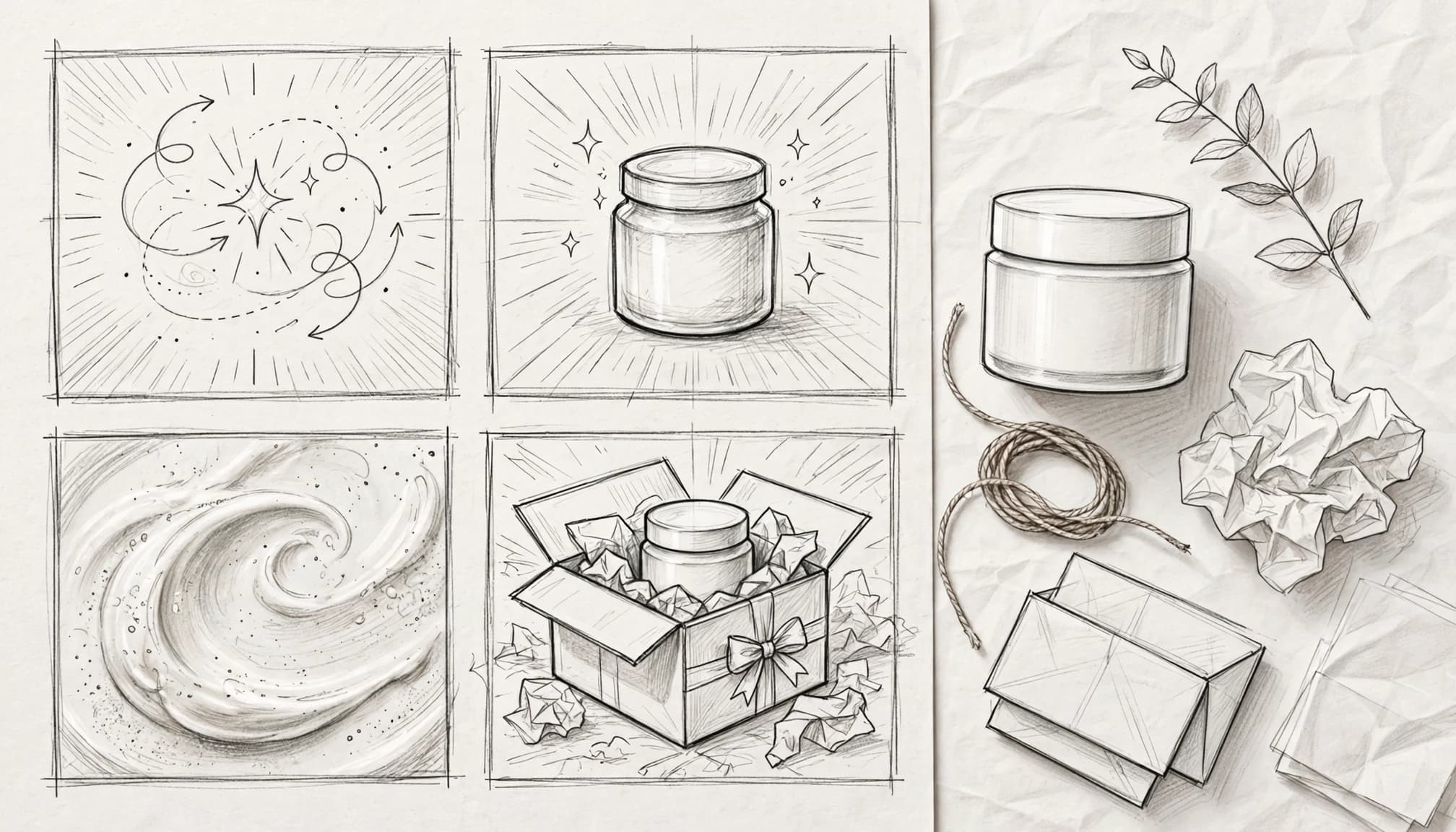 Des esquisses de storyboard entourent un pot de soin sur une table claire.